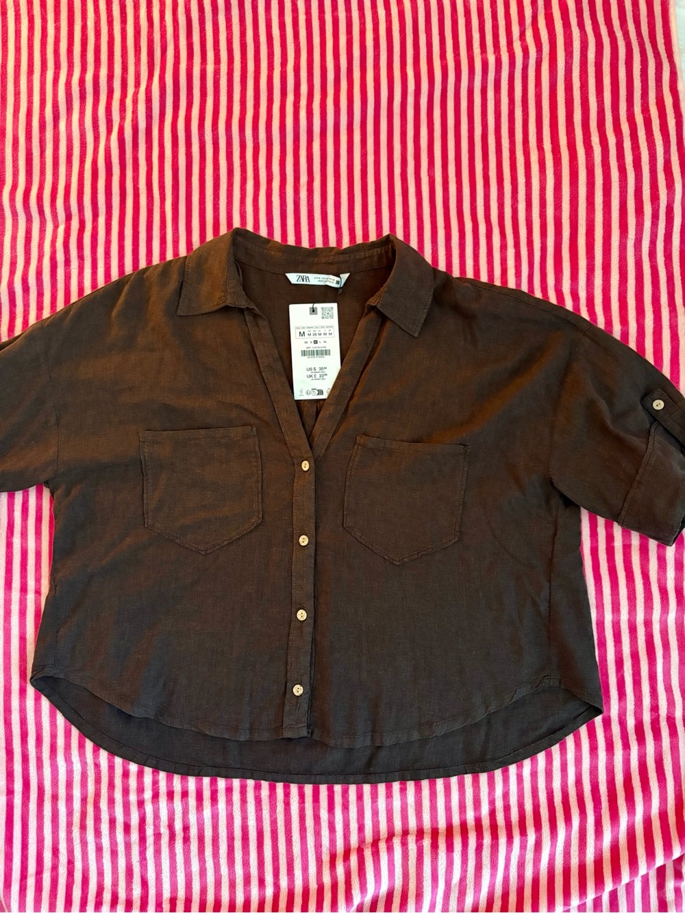!NWT! Zara Brown Button-Down Linen Shirt - Medium - Boxy Fit